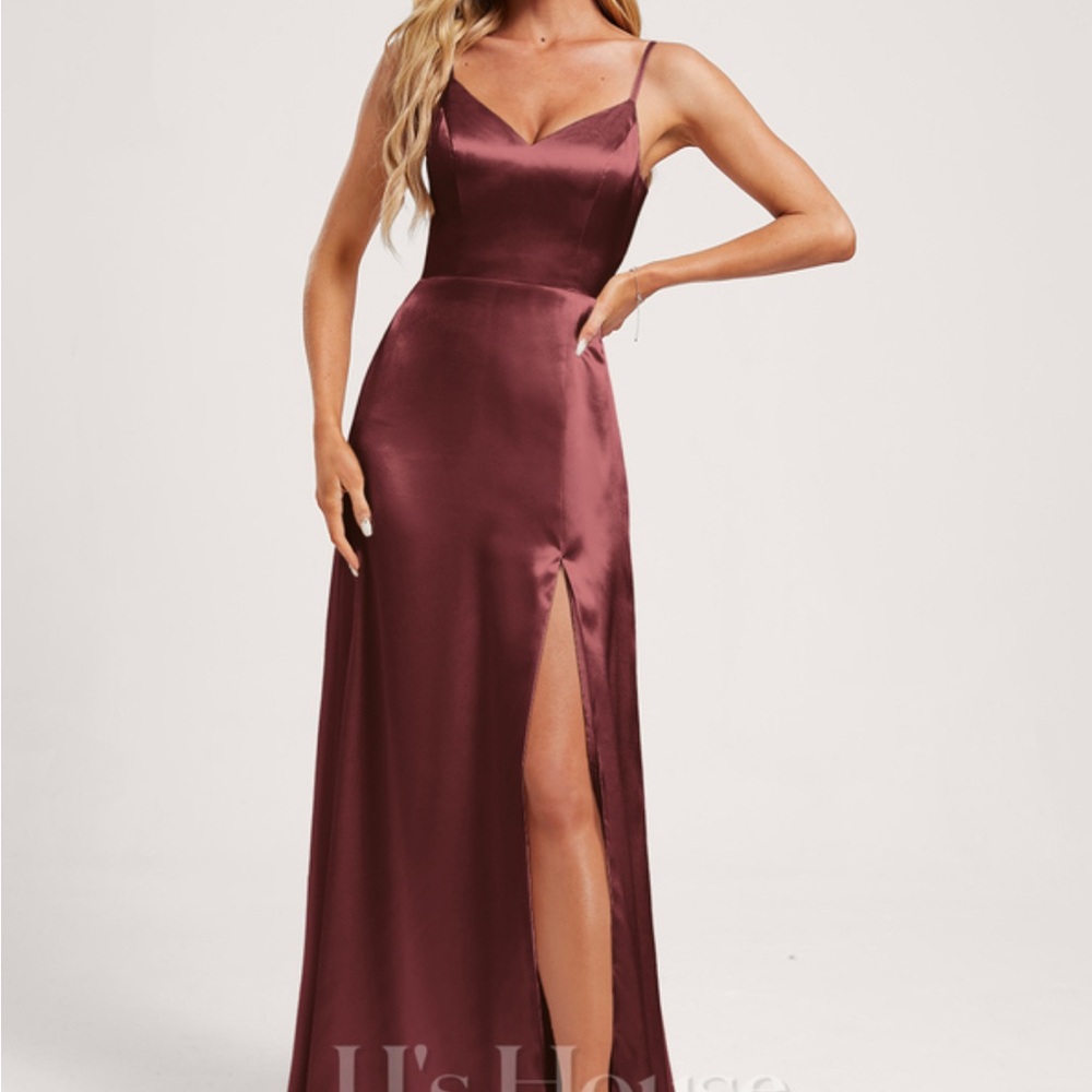 JJs House A-line V-neck Floor-length Stretch Satin Dress with Bow in Cabernet